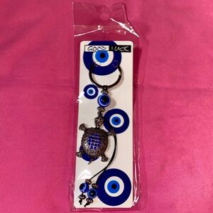Turtle Evil Eye Keychain Blue Gemstones Gunmetal Silver Dangle Pendant Travel